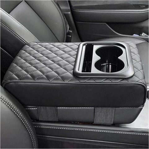Car Armrest Cushion with Cup Holder PU Leather Black