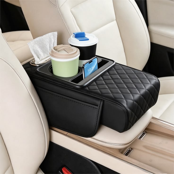 Car Armrest Cushion with Cup Holder PU Leather Black